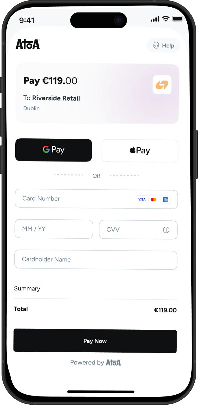 Atoa online checkout on a phone: pay €119.00 with Google Pay, Apple Pay or card