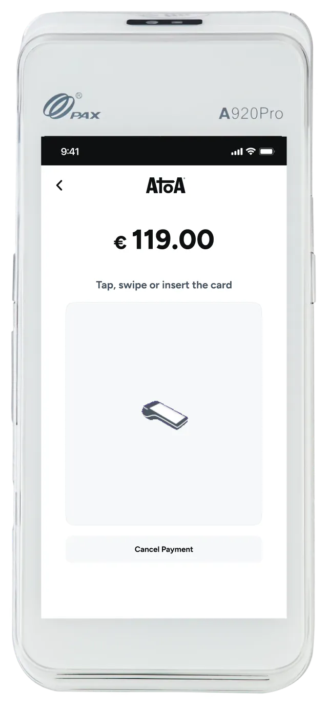 Atoa on a PAX A920 Pro card terminal taking a €119.00 payment