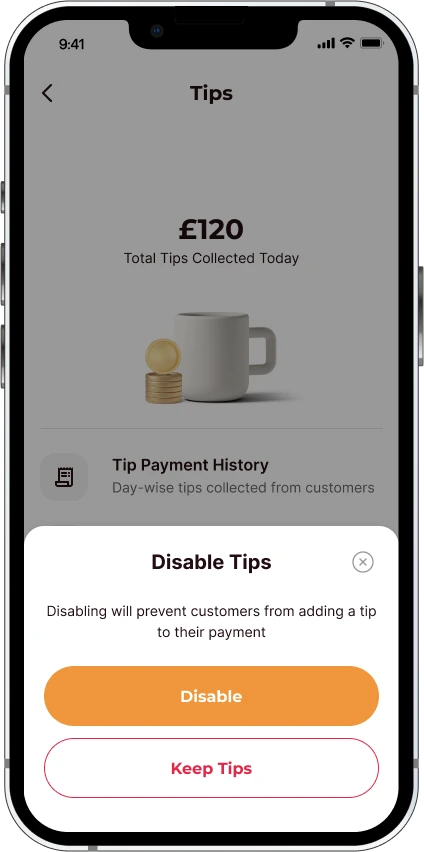 Atoa app screen showing how to disable the tipping feature