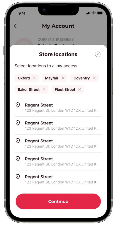 Atoa app screen for setting employee location permissions