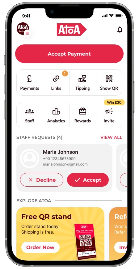 Atoa Business app staff management home screen