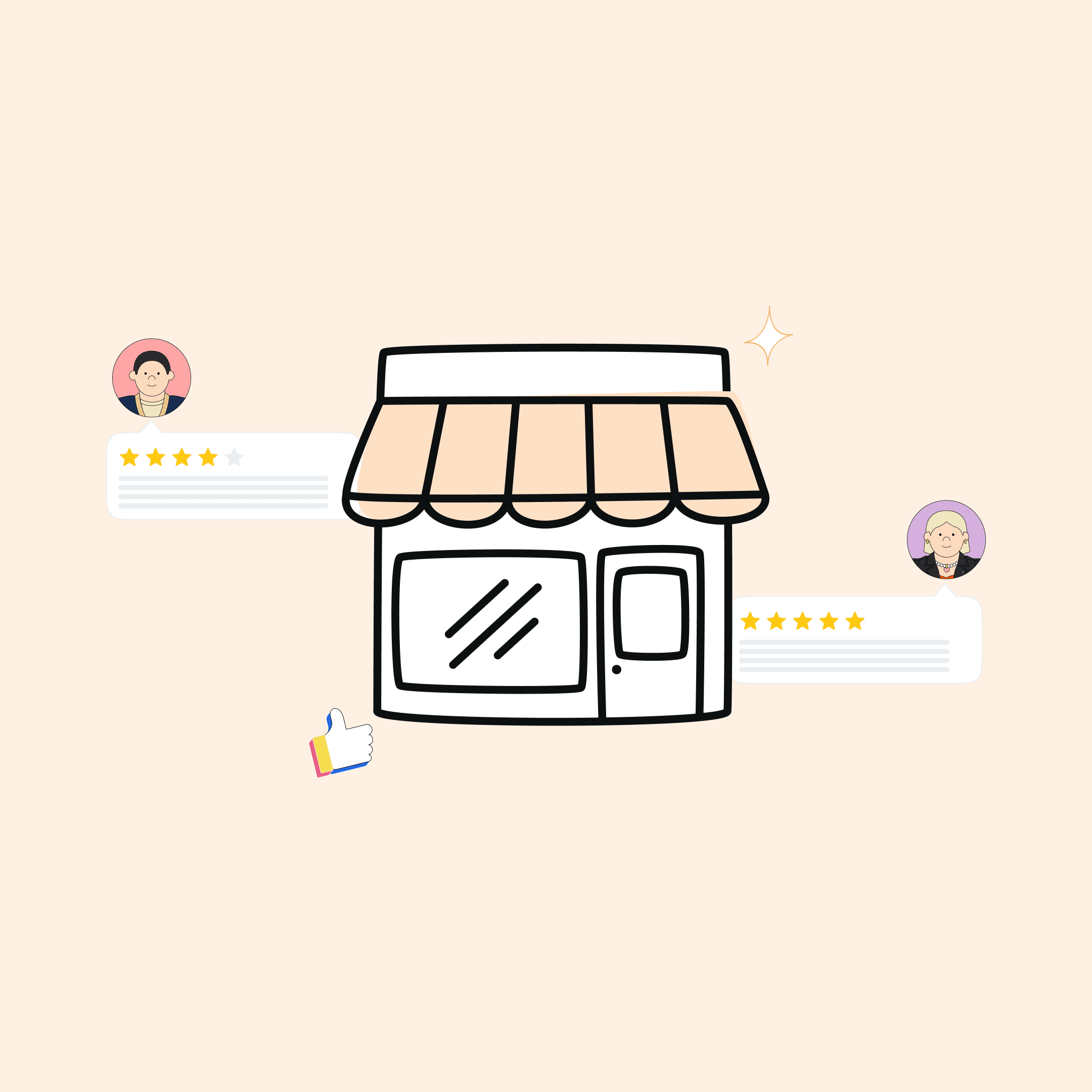 storefront illustrations with customer Google review bubbles next to it