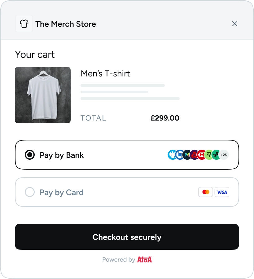 Checkout screen showing Pay by Bank and card payment options for customers