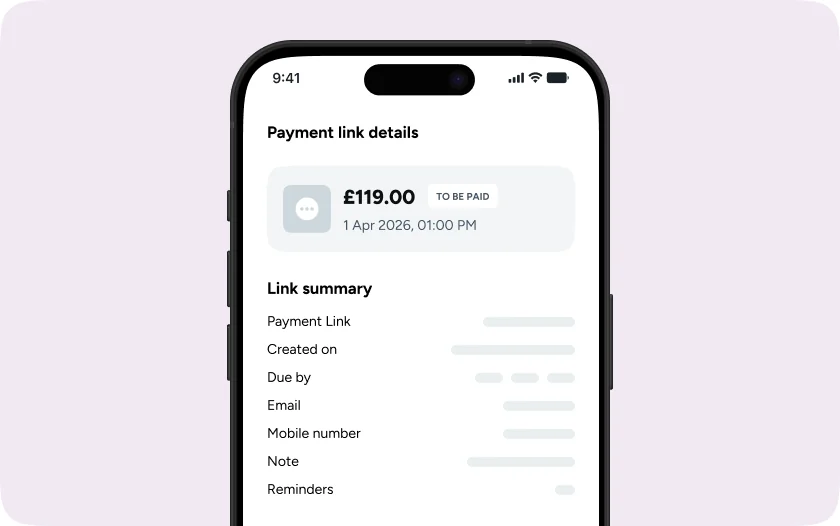 Payment link details for £119.00, to be paid, with a link summary listing created on, due by, email, mobile number, note and reminders